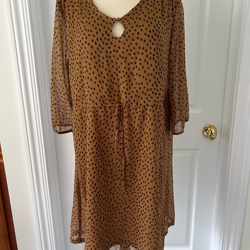 Y2K Old Navy Tan Brown Dress Black Polka Dots Sheer with Lining Tie Waist M